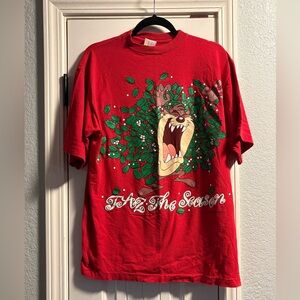 Vintage Taz Shirt Mens Large Red 90S USA Looney Tunes Christmas Short Sleeve